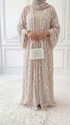 Cream Rose "Yasemin" Abaya Set: Kimono + Under Dress + Matching Hijab