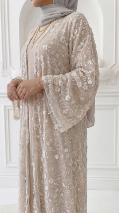 Cream Rose "Yasemin" Abaya Set: Kimono + Under Dress + Matching Hijab