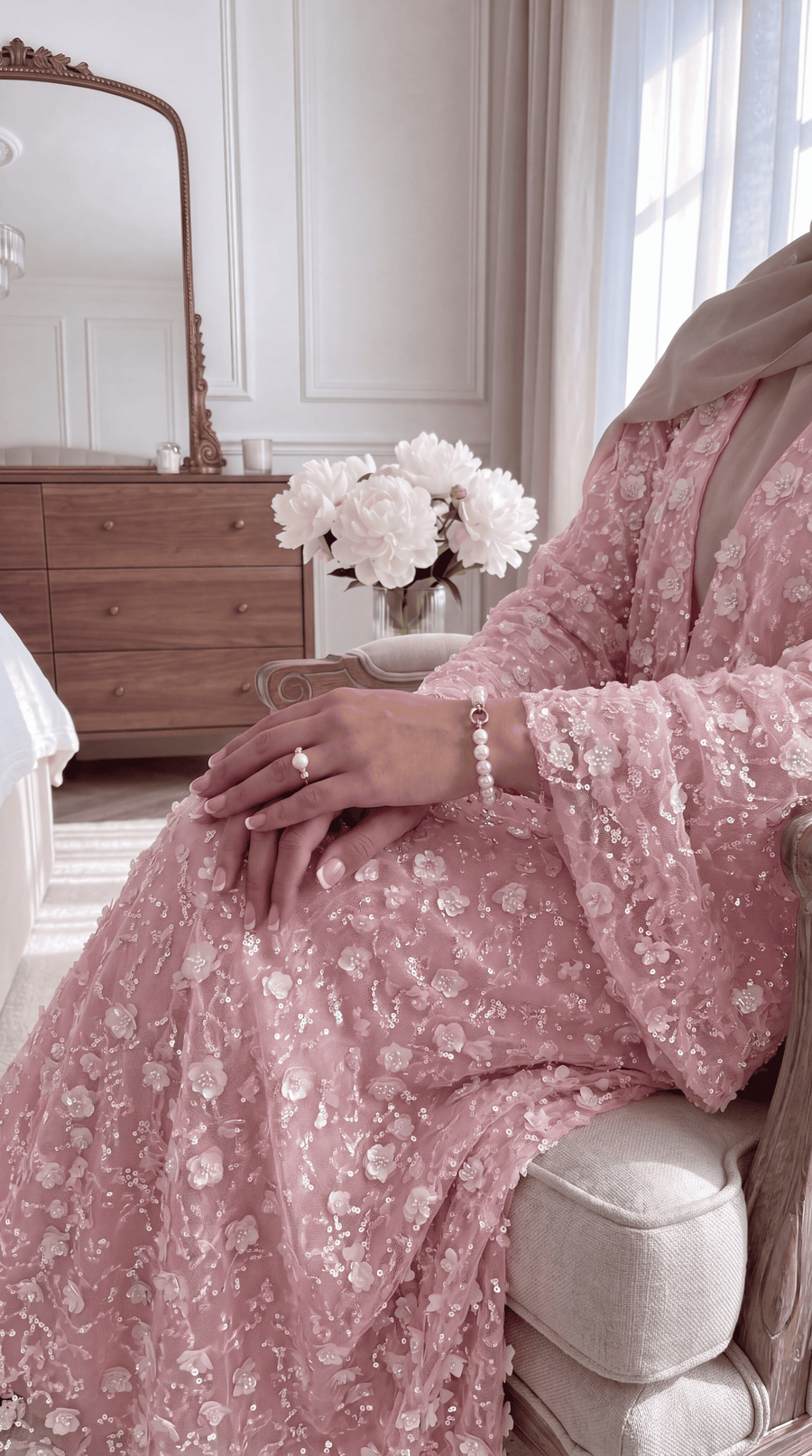 Pink "Yasemin" Abaya Set: Kimono + Under Dress + Matching Hijab