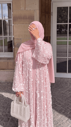 Pink "Yasemin" Abaya Set: Kimono + Under Dress + Matching Hijab