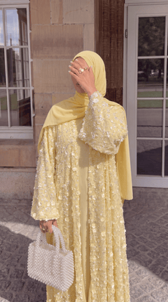 Yellow "Yasemin" Abaya Set: Kimono + Under Dress + Matching Hijab