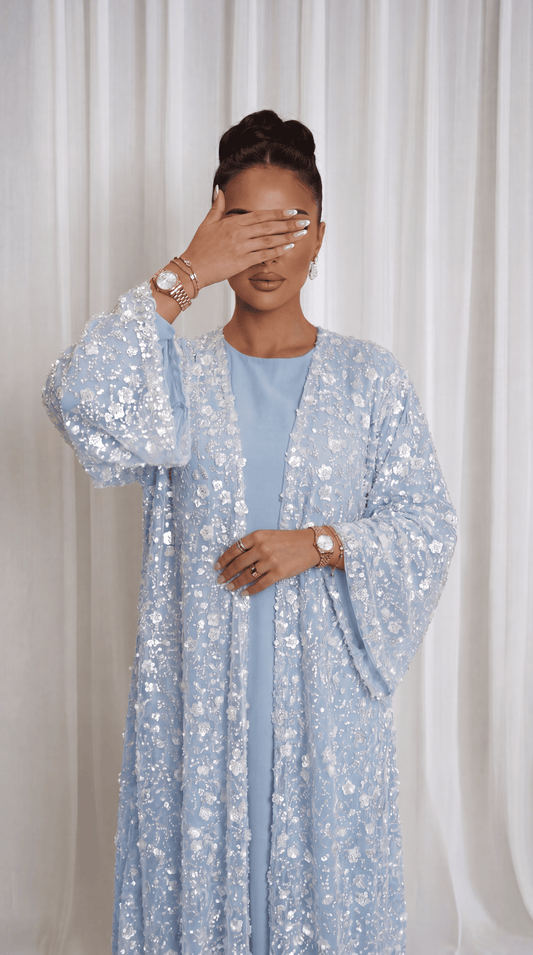 Blue "Yasemin" Abaya Set: Kimono + Under Dress + Matching Hijab