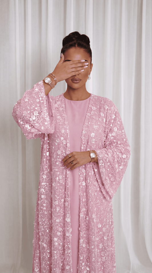 Pink "Yasemin" Abaya Set: Kimono + Under Dress + Matching Hijab