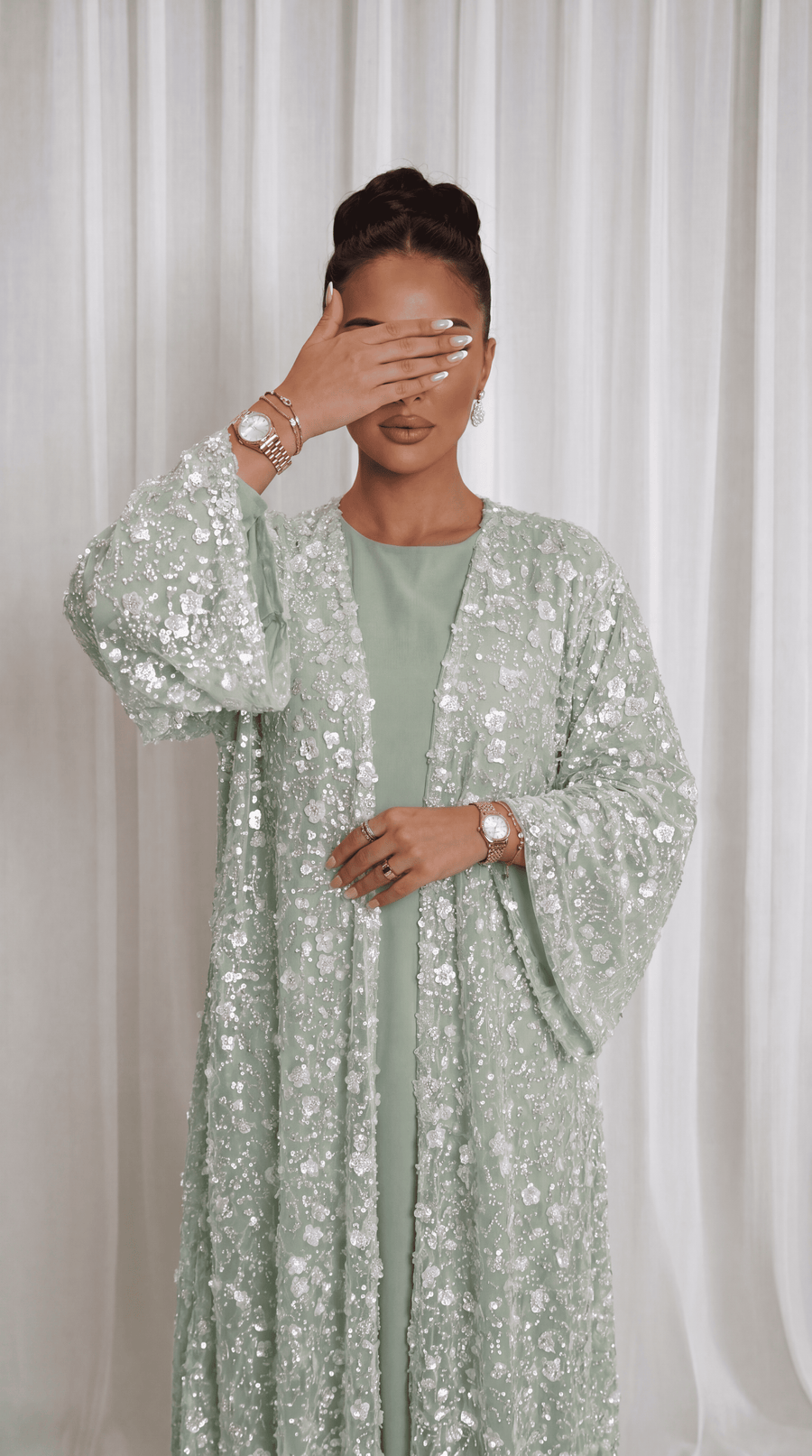 Green "Yasemin" Abaya Set: Kimono + Under Dress + Matching Hijab