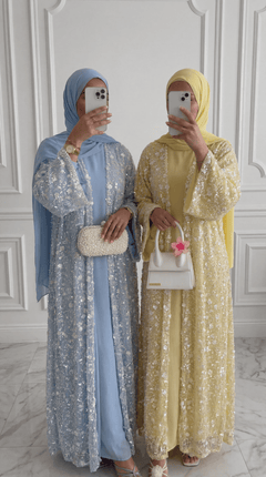 Yellow "Yasemin" Abaya Set: Kimono + Under Dress + Matching Hijab