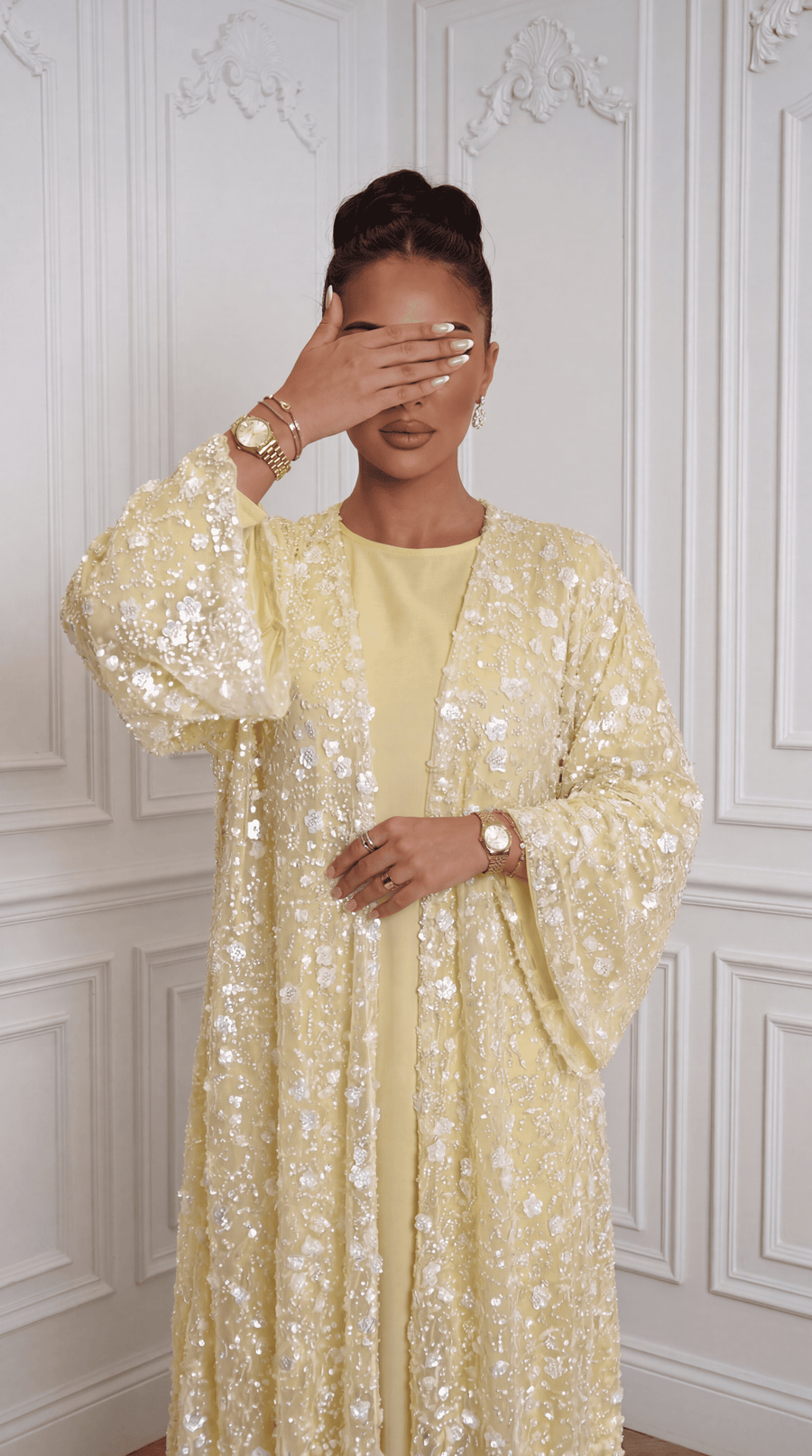 Yellow "Yasemin" Abaya Set: Kimono + Under Dress + Matching Hijab