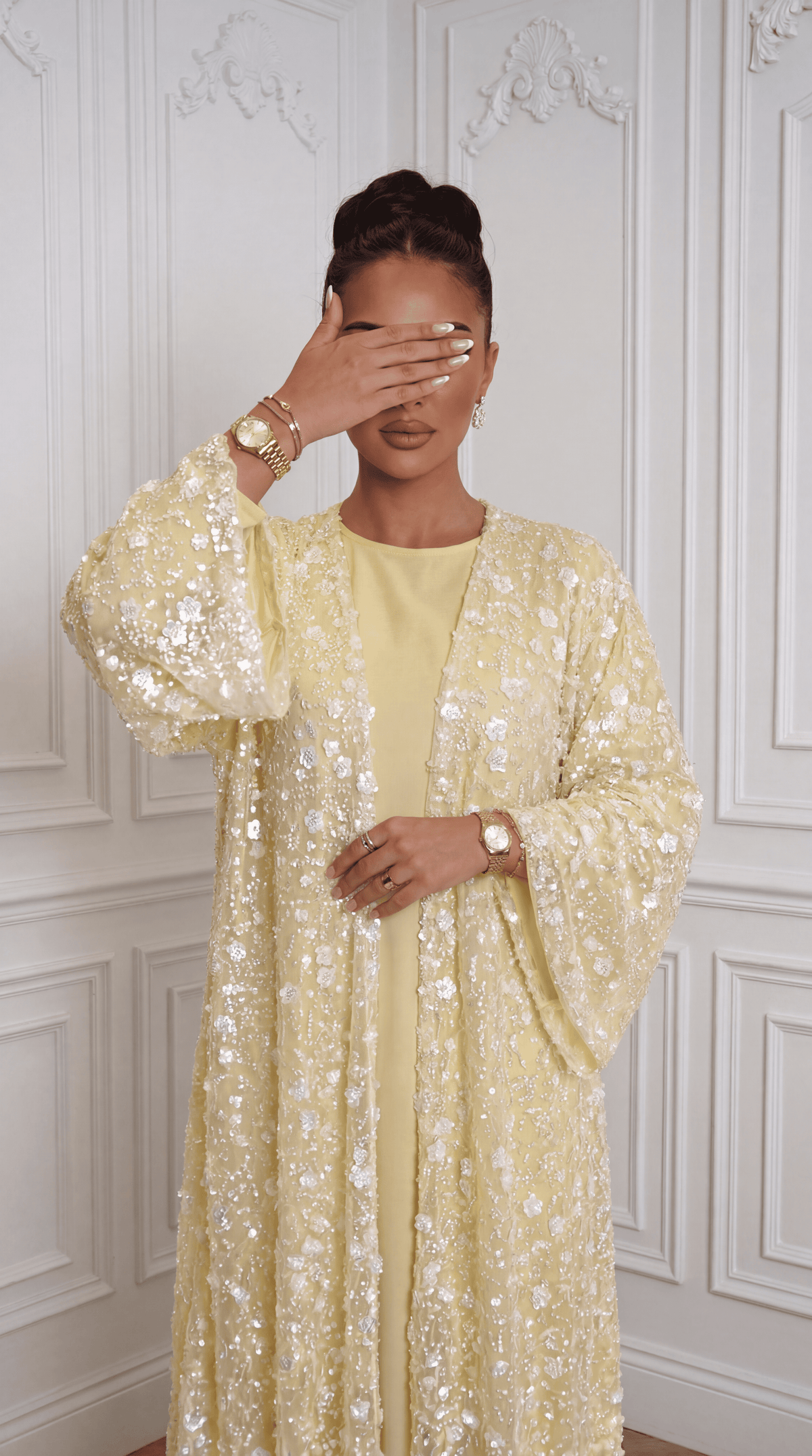 Yellow "Yasemin" Abaya Set: Kimono + Under Dress + Matching Hijab