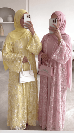 Yellow "Yasemin" Abaya Set: Kimono + Under Dress + Matching Hijab