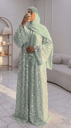 Green "Yasemin" Abaya Set: Kimono + Under Dress + Matching Hijab