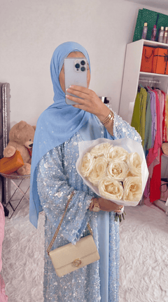 Blue "Yasemin" Abaya Set: Kimono + Under Dress + Matching Hijab