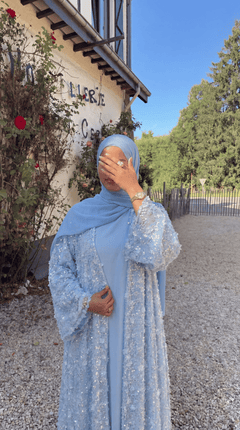 Blue "Yasemin" Abaya Set: Kimono + Under Dress + Matching Hijab