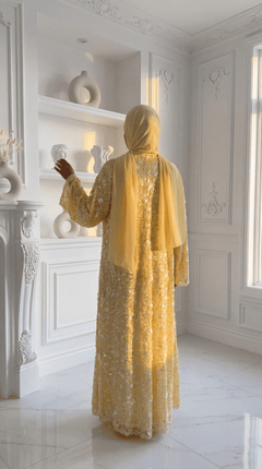Yellow "Yasemin" Abaya Set: Kimono + Under Dress + Matching Hijab