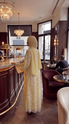 Yellow "Yasemin" Abaya Set: Kimono + Under Dress + Matching Hijab