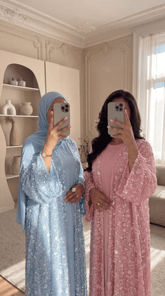 Pink "Yasemin" Abaya Set: Kimono + Under Dress + Matching Hijab
