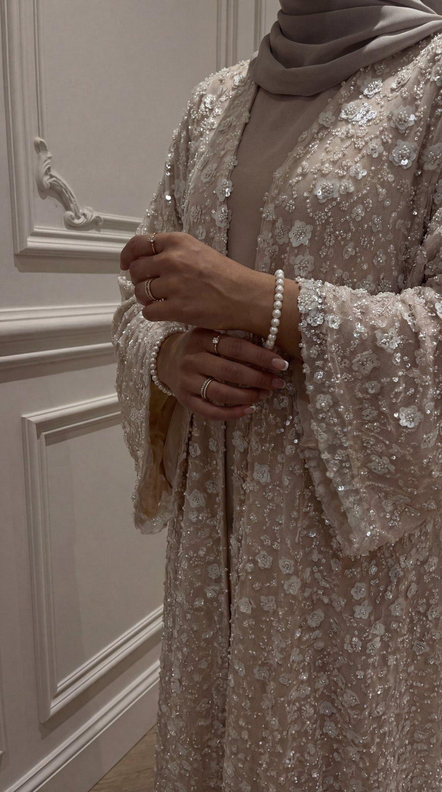 Cream Rose "Yasemin" Abaya Set: Kimono + Under Dress + Matching Hijab