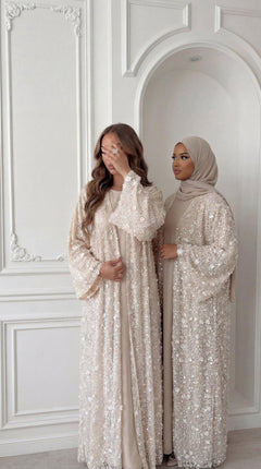 Cream Rose "Yasemin" Abaya Set: Kimono + Under Dress + Matching Hijab
