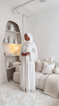 White "Yasemin" Abaya Set: Kimono + Under Dress + Matching Hijab