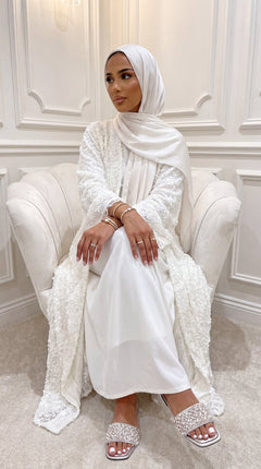 White "Yasemin" Abaya Set: Kimono + Under Dress + Matching Hijab